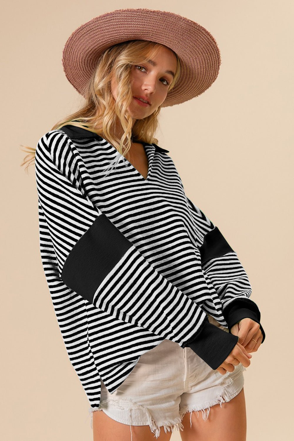 BiBiStriped Contrast Long Sleeve Knit Top in Black