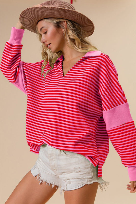 BiBiStriped Contrast Long Sleeve Knit Top in Pink