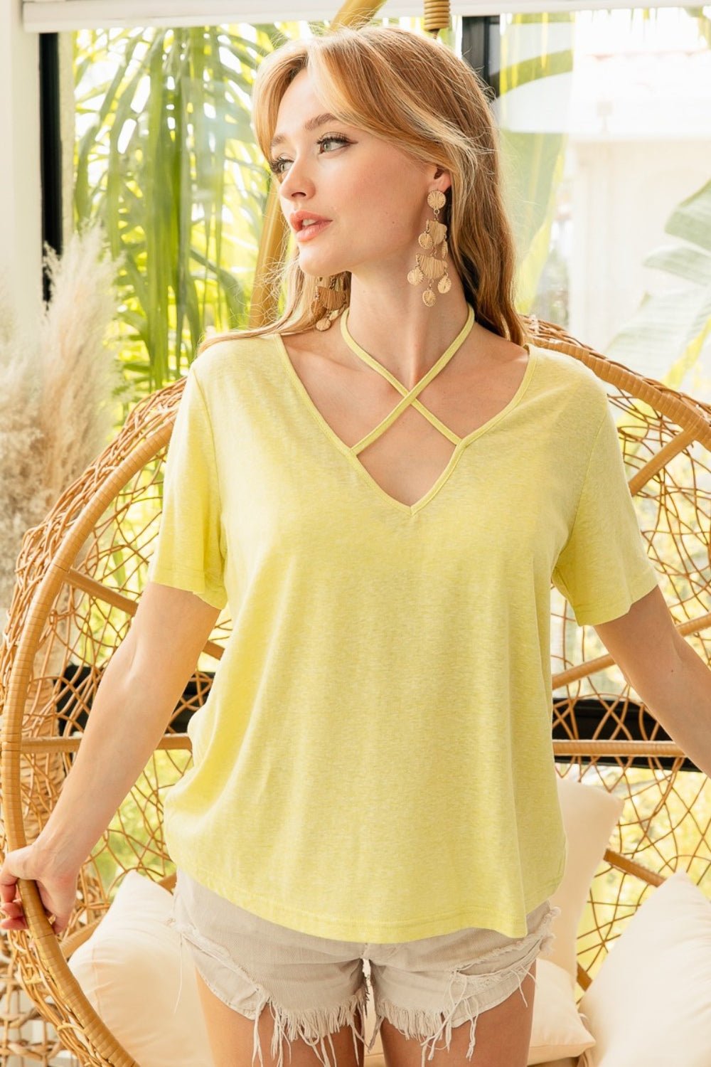 BiBiTie Detail Short Sleeve T - Shirt in Lemon