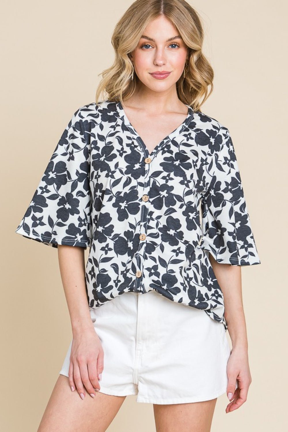 Black Floral Decorative Button V-Neck TopTopBOMBOM