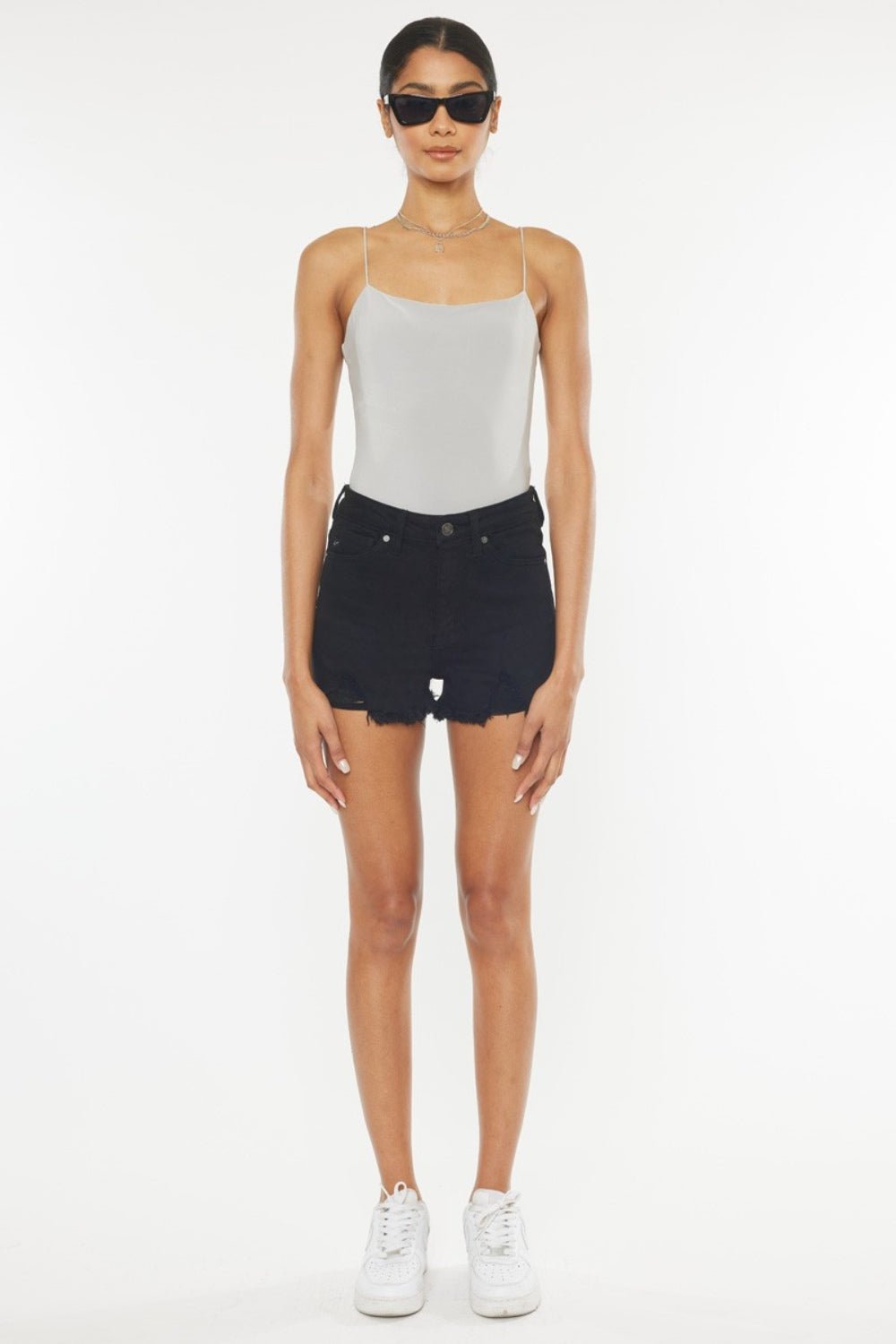 Black High Rise Raw Hem Denim ShortsShortsKancan