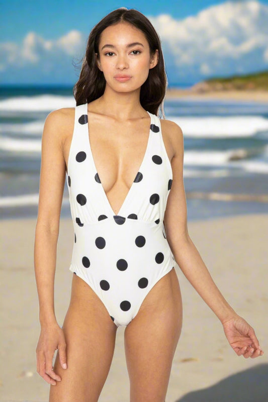 Black Polka Dot Tied Plunge Neck One-Piece Swimsuit in IvorySwimsuitMarina West Swim