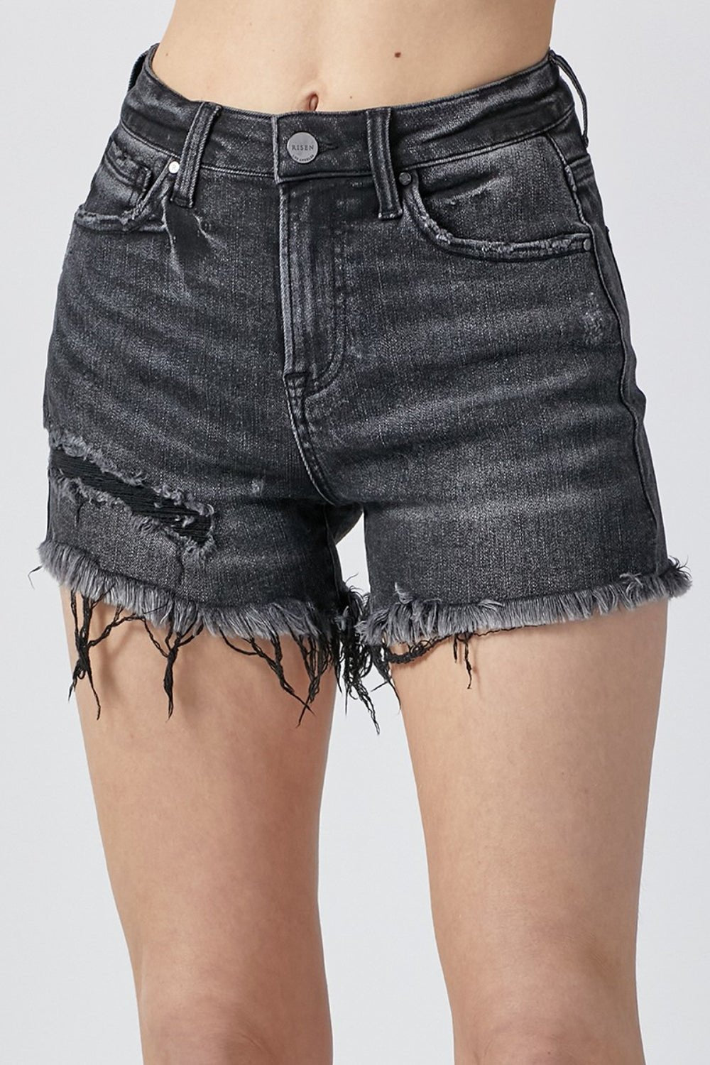 Black Wash Raw Hem Denim ShortsShortsRISEN