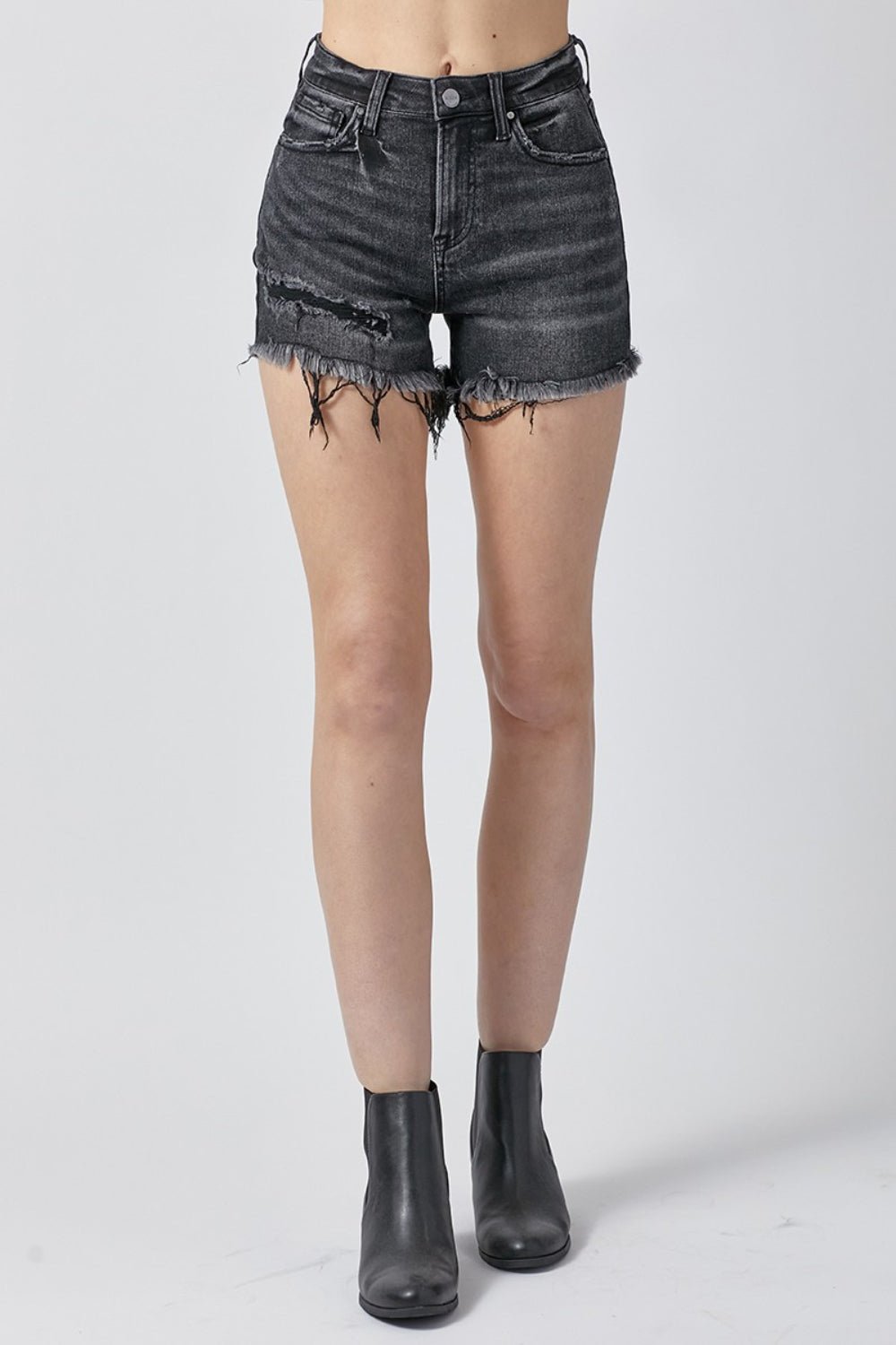 Black Wash Raw Hem Denim ShortsShortsRISEN