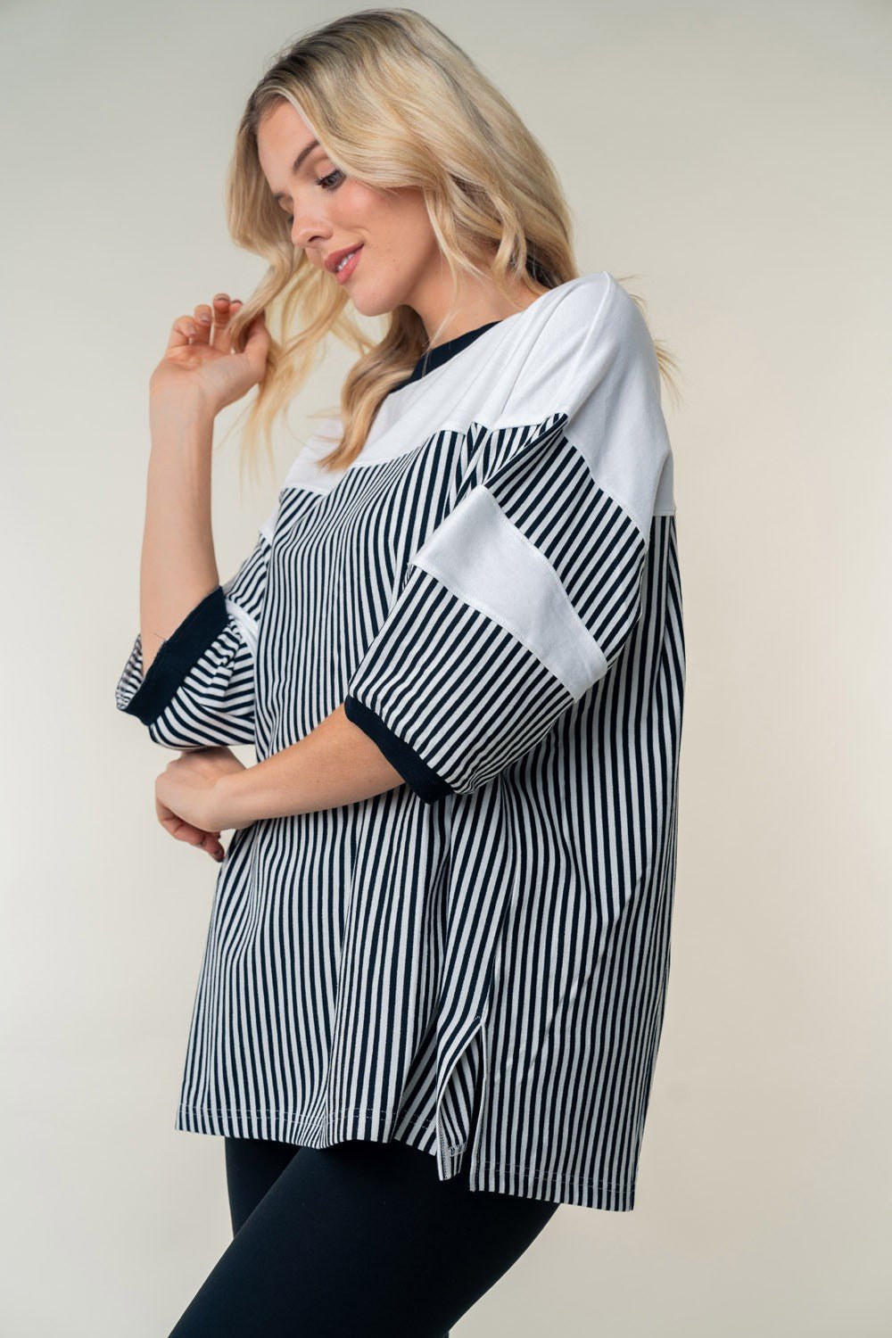 Black & White Striped Contrast Crew Neck TopTopWhite Birch