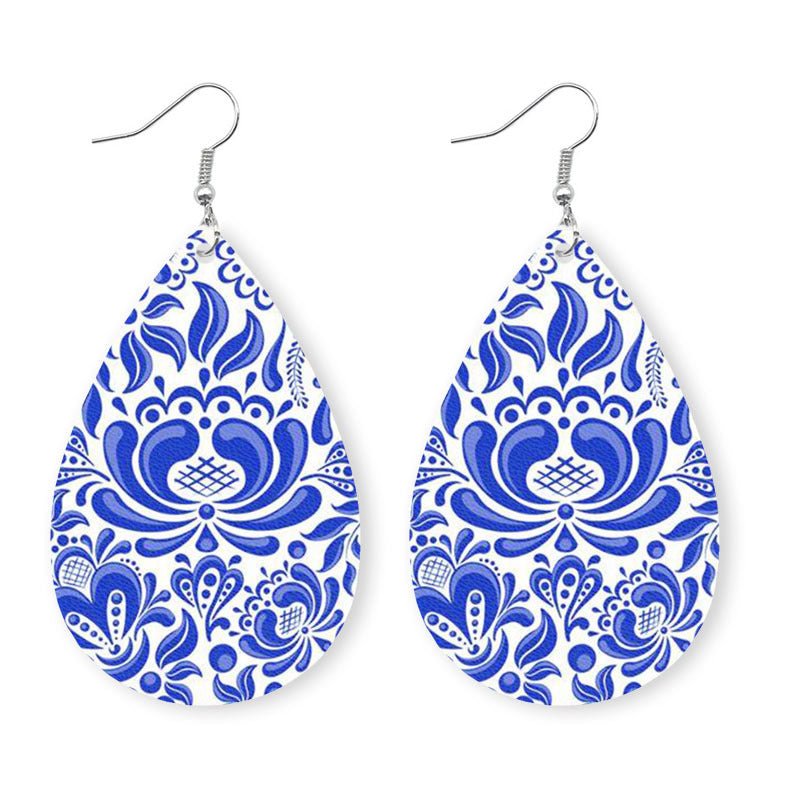 Blue Printed Vegan Leather Teardrop EarringsEarringsBeach Rose Co.