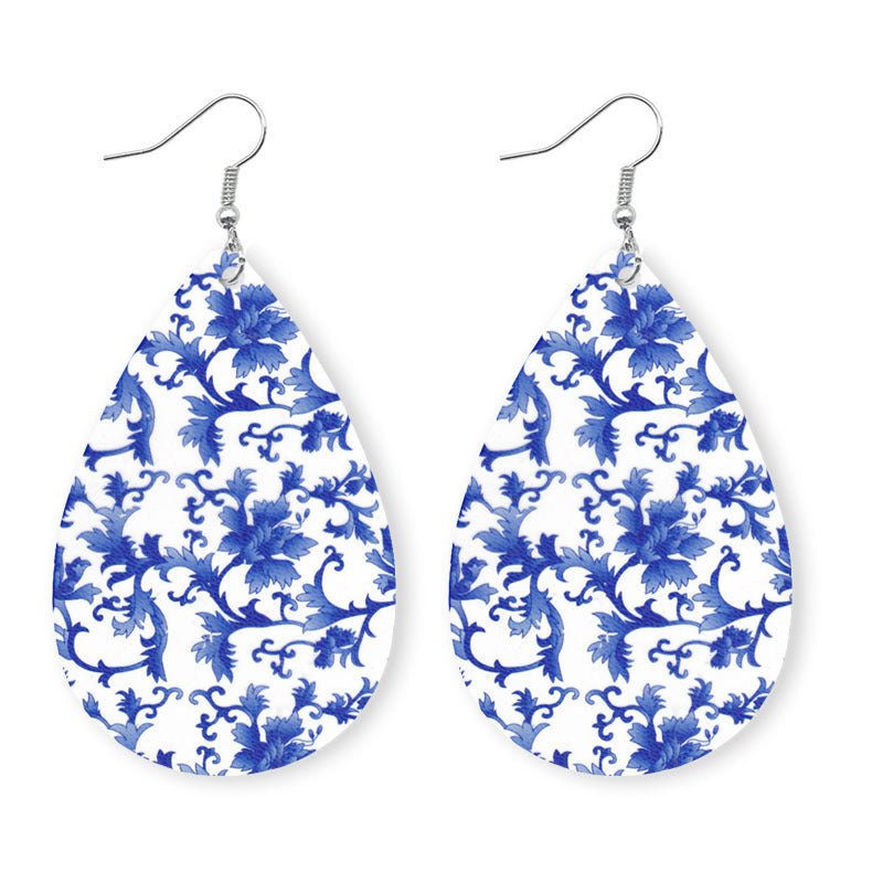 Blue Printed Vegan Leather Teardrop EarringsEarringsBeach Rose Co.