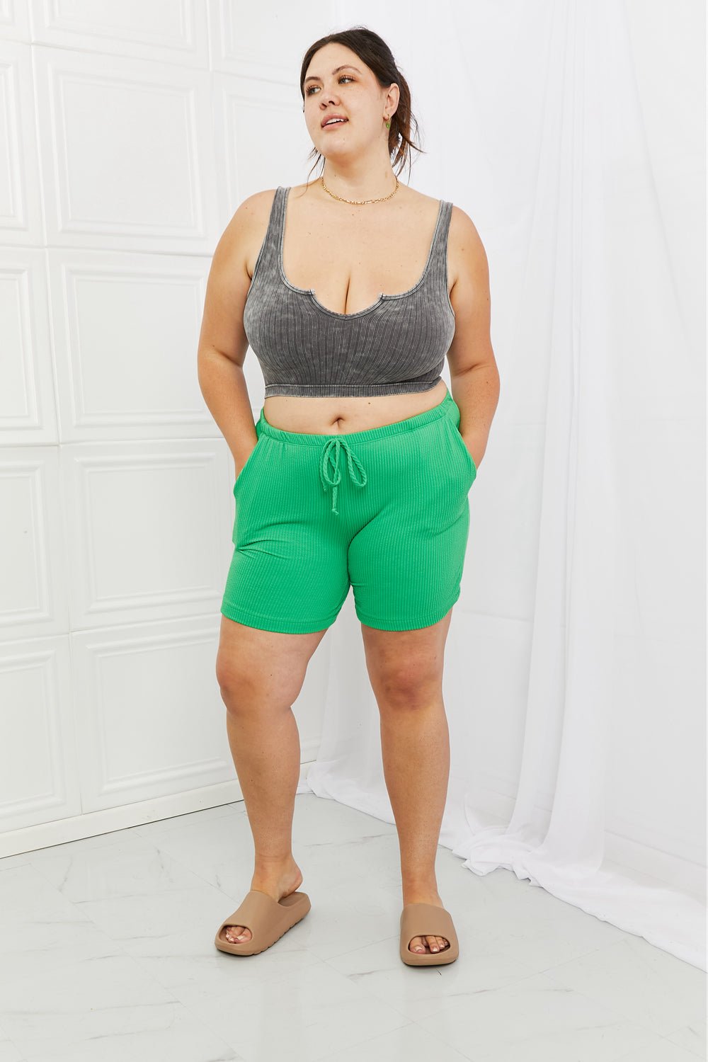 Blumin ApparelRib Knit Drawstring Waist Shorts in Green