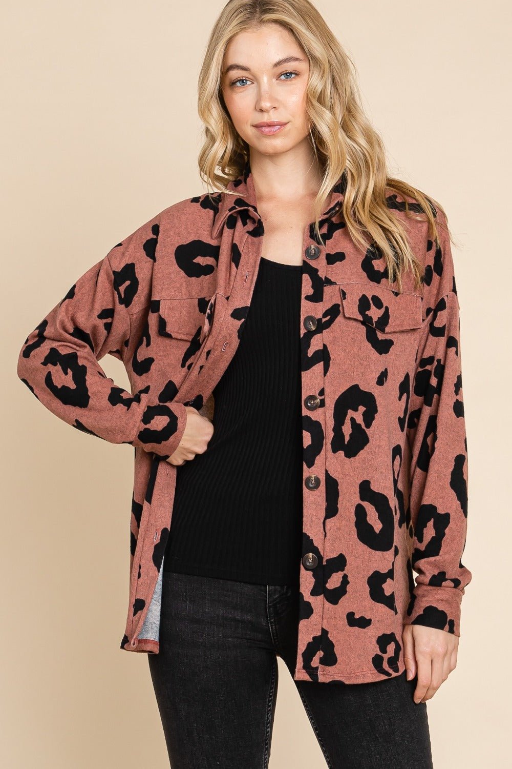 BOMBOM - Animal Print Button Up Knit Shacket in Brick