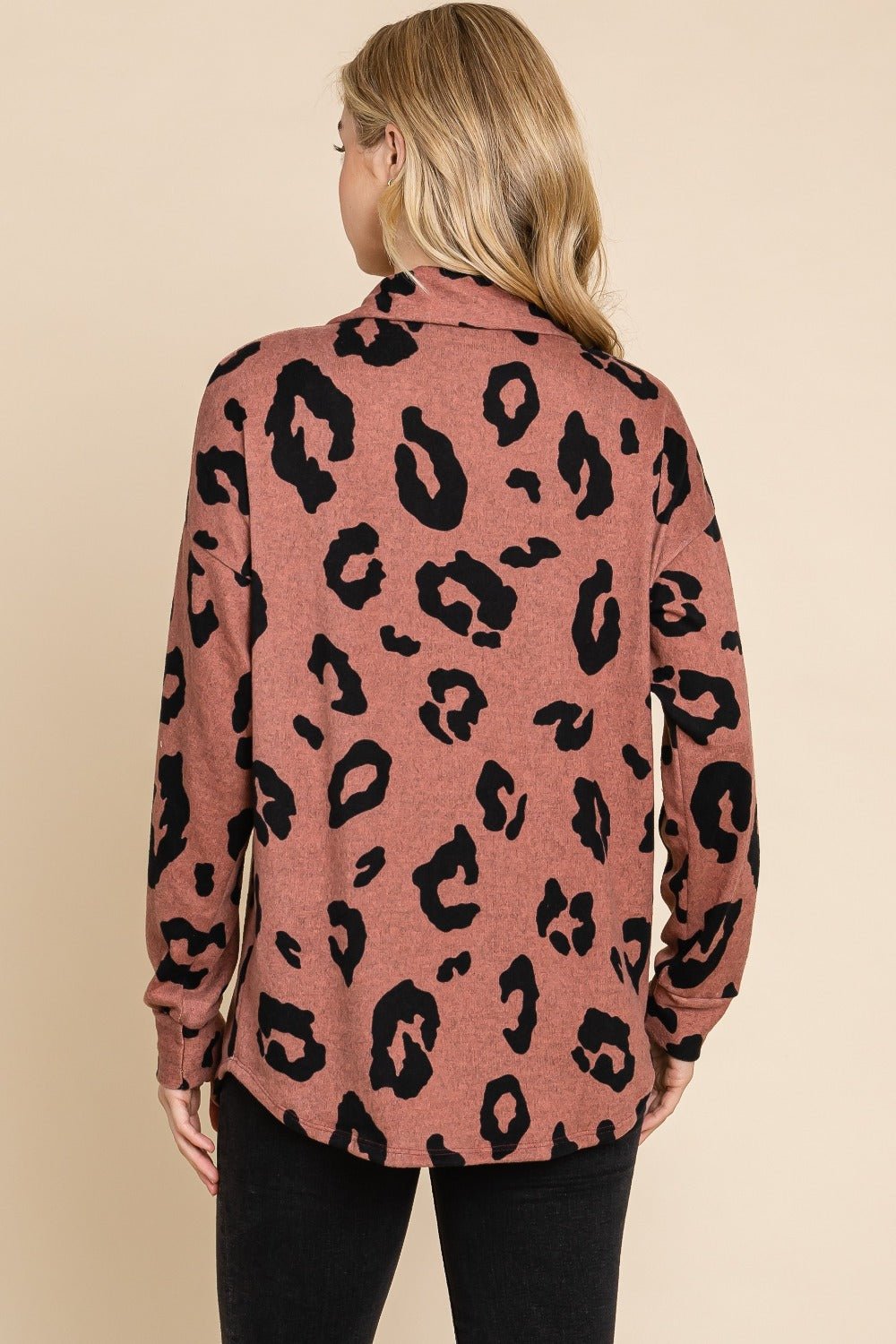 BOMBOM - Animal Print Button Up Knit Shacket in Brick