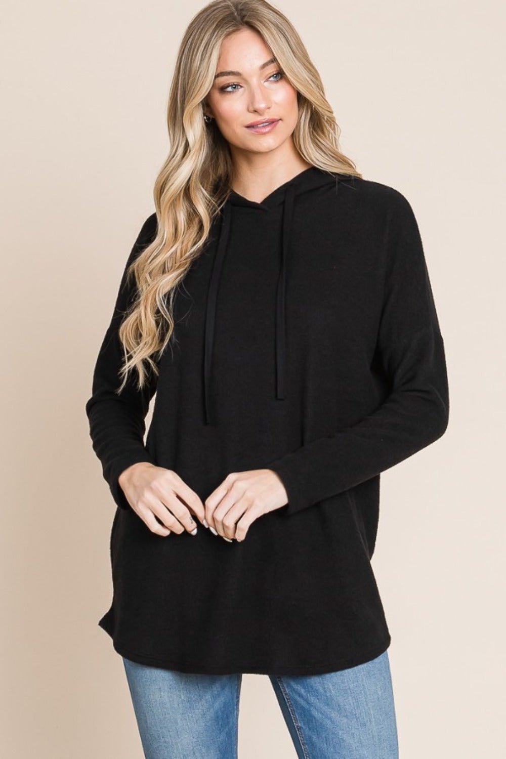 BOMBOM - Black Drop Shoulder Knit Hoodie