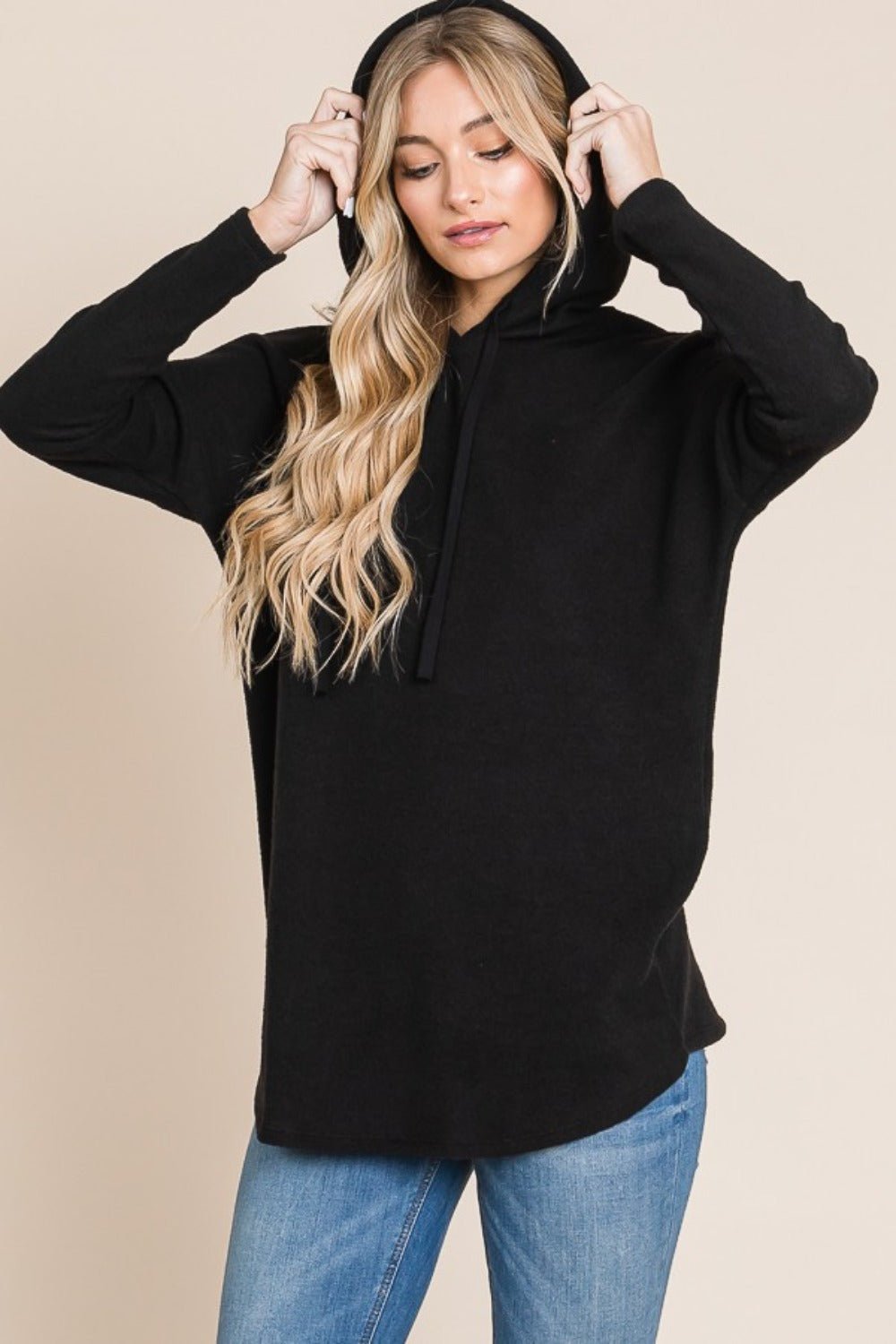 BOMBOM - Black Drop Shoulder Knit Hoodie