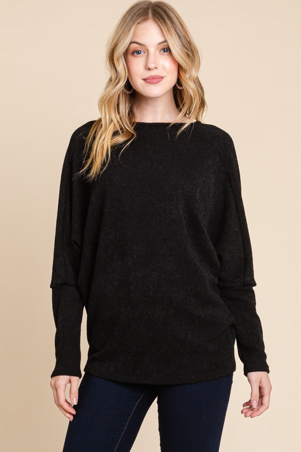 BOMBOM - Black Drop Shoulder Long Sleeve Knit Top