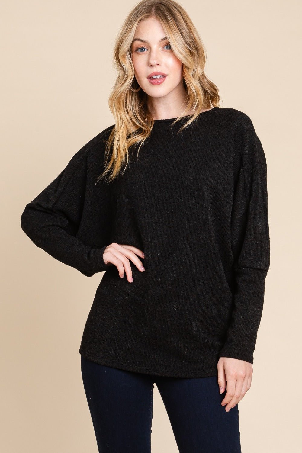 BOMBOM - Black Drop Shoulder Long Sleeve Knit Top