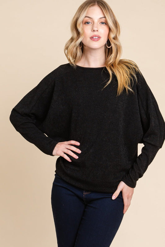 BOMBOM - Black Drop Shoulder Long Sleeve Knit Top