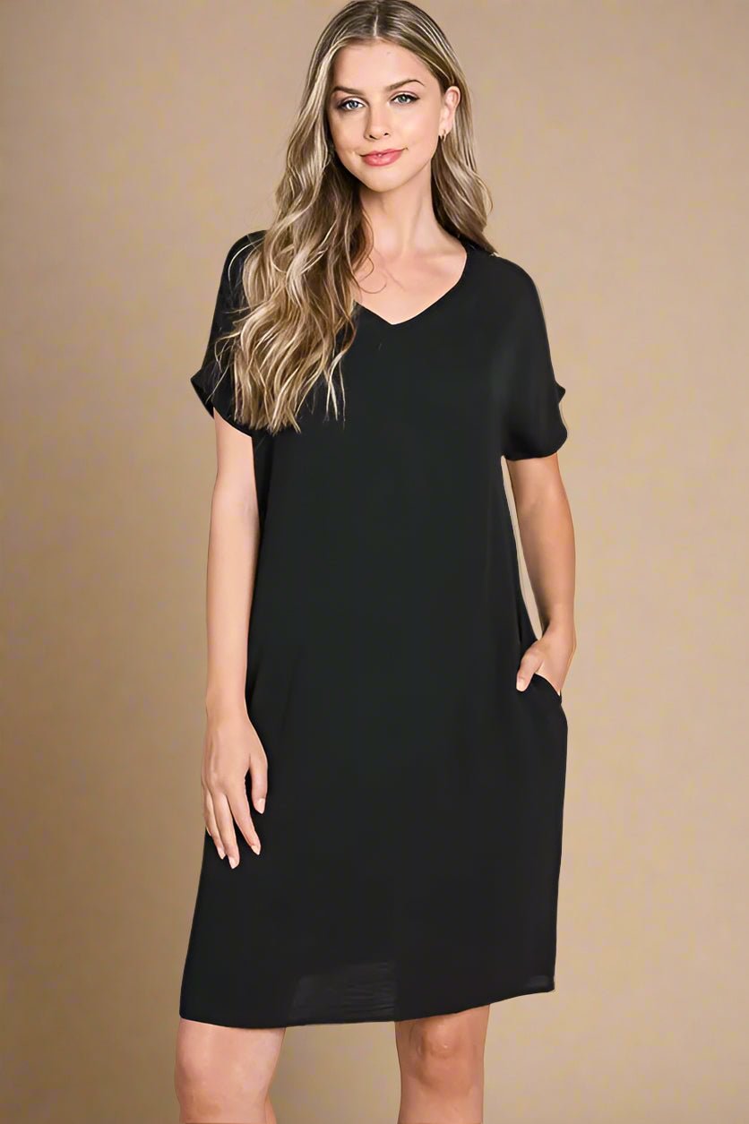 BOMBOM - Black Everyday V - Neck Pocket Dress