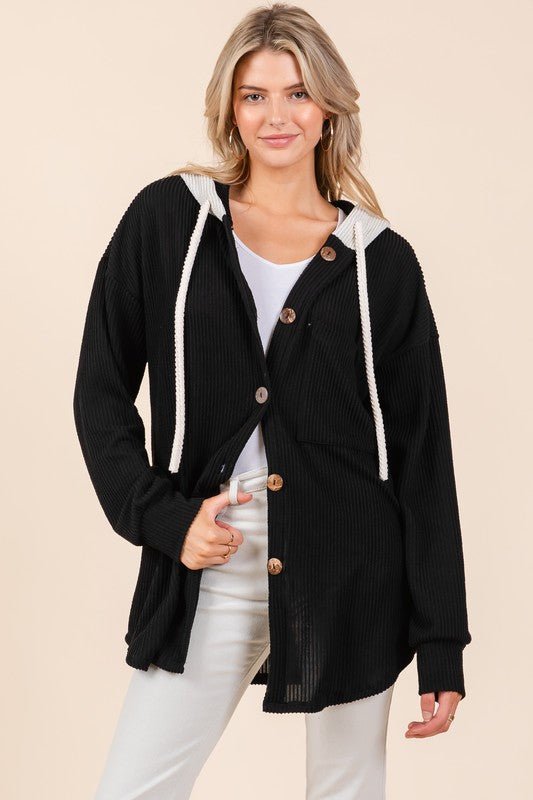 BOMBOM - Black Rib Knit Button Down Hooded Shacket