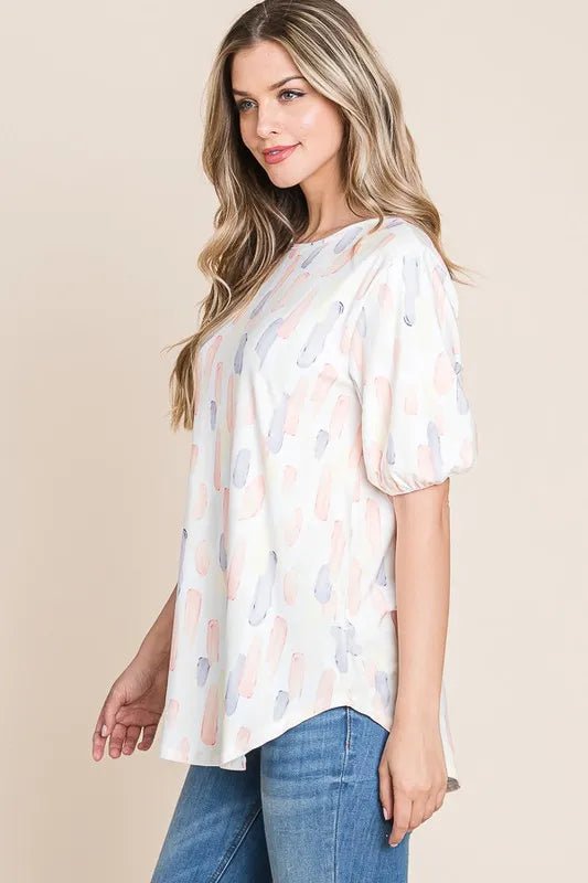 BOMBOM - Blush Brushstroke Puff Sleeve Top