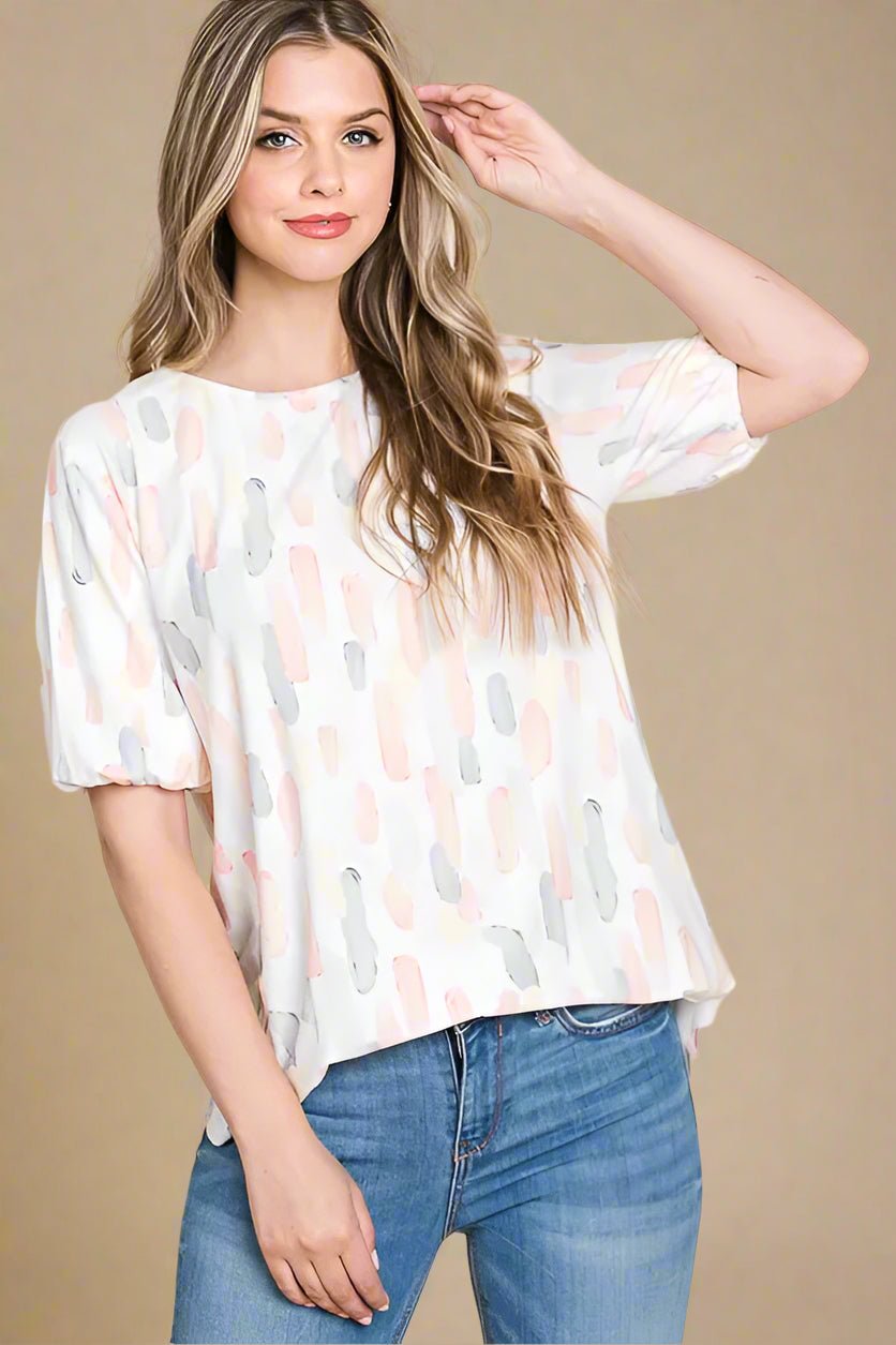 BOMBOM - Blush Brushstroke Puff Sleeve Top
