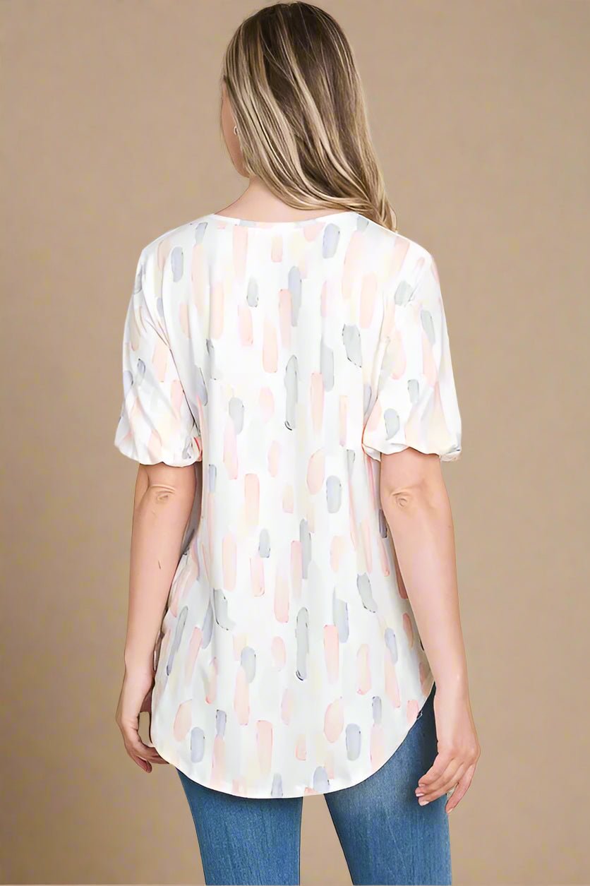 BOMBOM - Blush Brushstroke Puff Sleeve Top