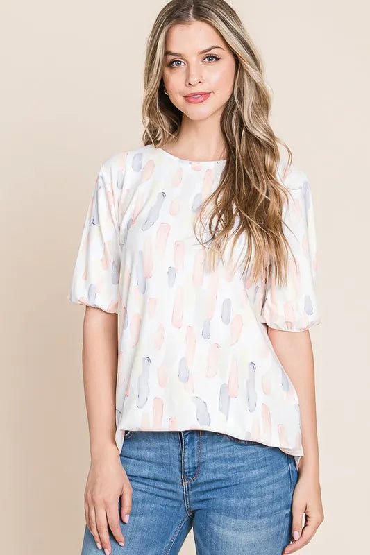 BOMBOM - Blush Brushstroke Puff Sleeve Top