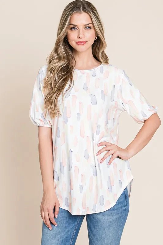 BOMBOM - Blush Brushstroke Puff Sleeve Top