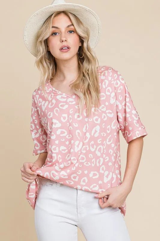 BOMBOM - Blush Pink Leopard Print Short Sleeve Tee