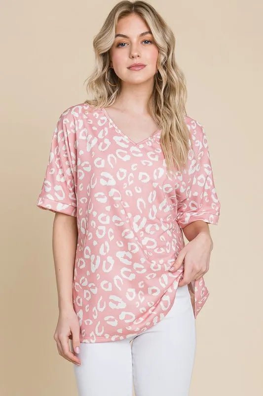 BOMBOM - Blush Pink Leopard Print Short Sleeve Tee