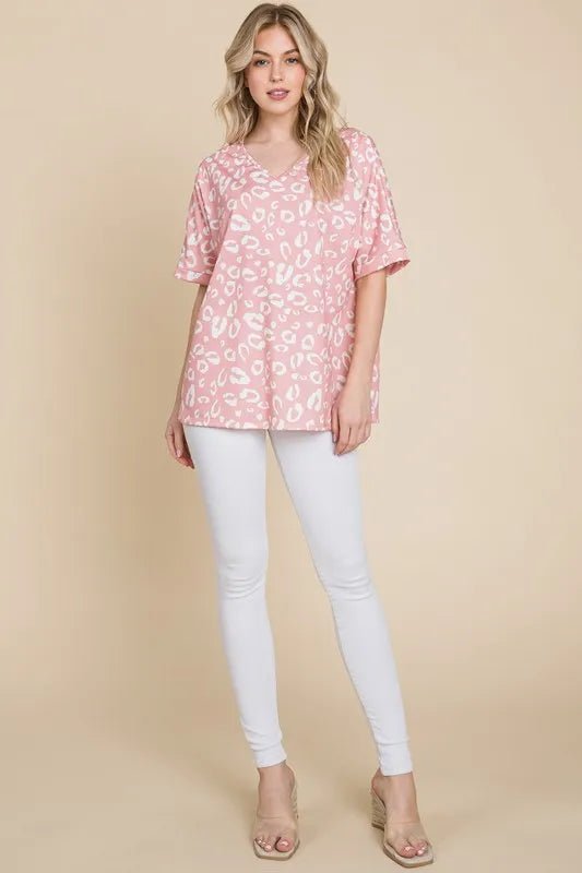 BOMBOM - Blush Pink Leopard Print Short Sleeve Tee