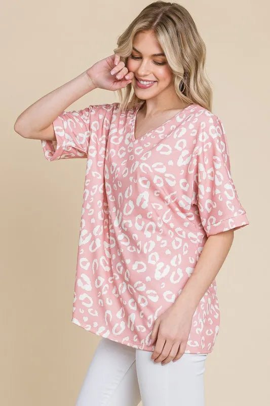 BOMBOM - Blush Pink Leopard Print Short Sleeve Tee