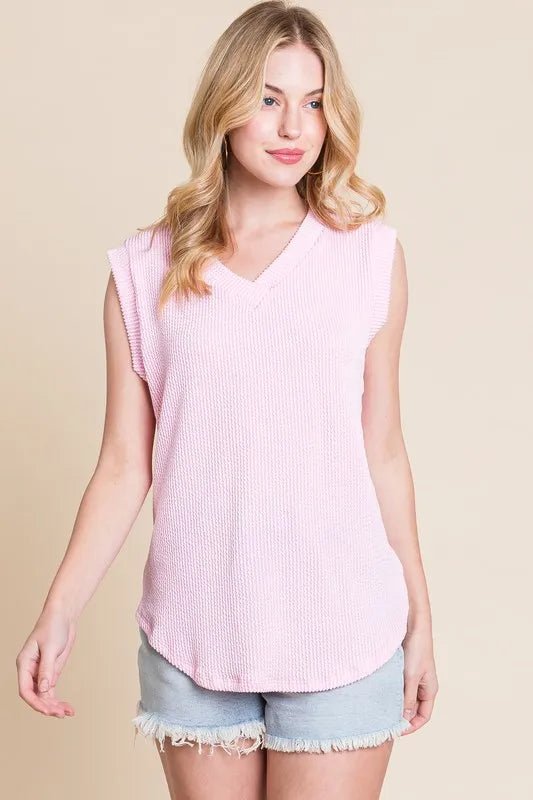 BOMBOM - Blush Pink Rib Knit Sleeveless Tunic Top