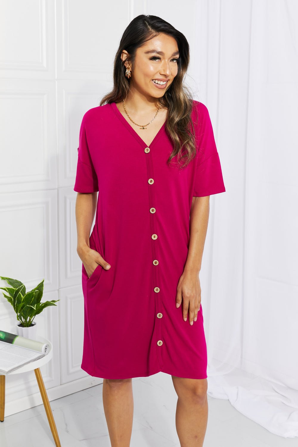 BOMBOM - Button Down Knee - Length Dress in Deep Purple