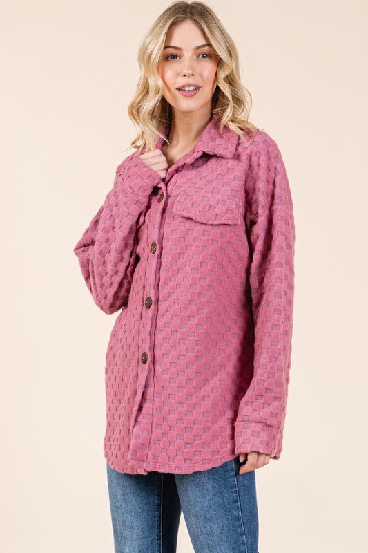 BOMBOM - Button Down Shacket in Checkered Deep Rose