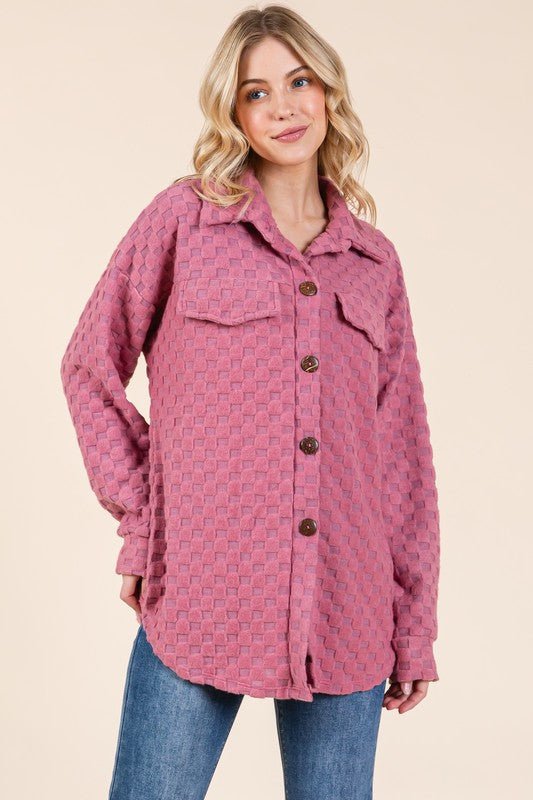 BOMBOM - Button Down Shacket in Checkered Deep Rose