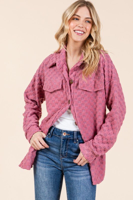 BOMBOM - Button Down Shacket in Checkered Deep Rose