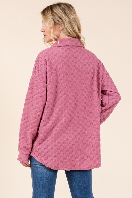 BOMBOM - Button Down Shacket in Checkered Deep Rose