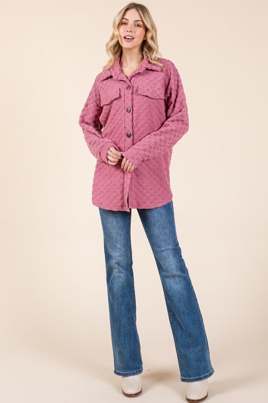 BOMBOM - Button Down Shacket in Checkered Deep Rose