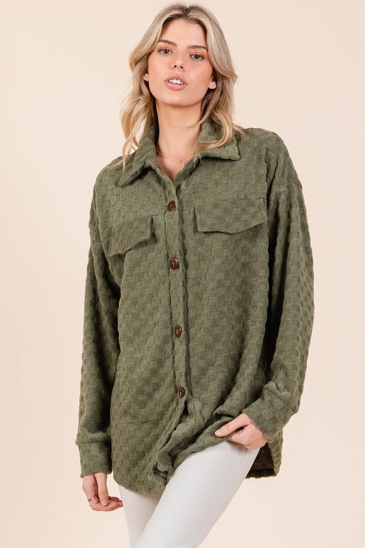 BOMBOM - Button Down Shacket in Checkered Moss