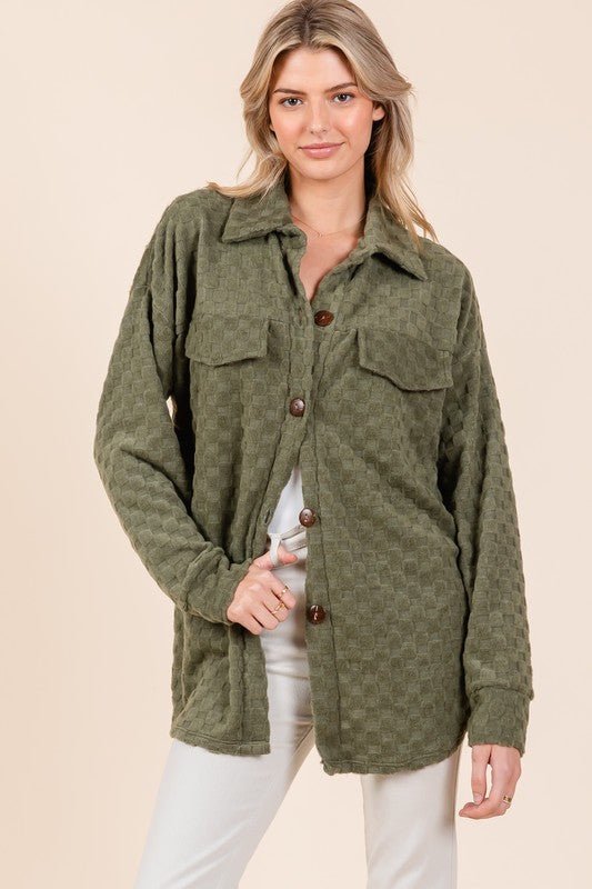 BOMBOM - Button Down Shacket in Checkered Moss