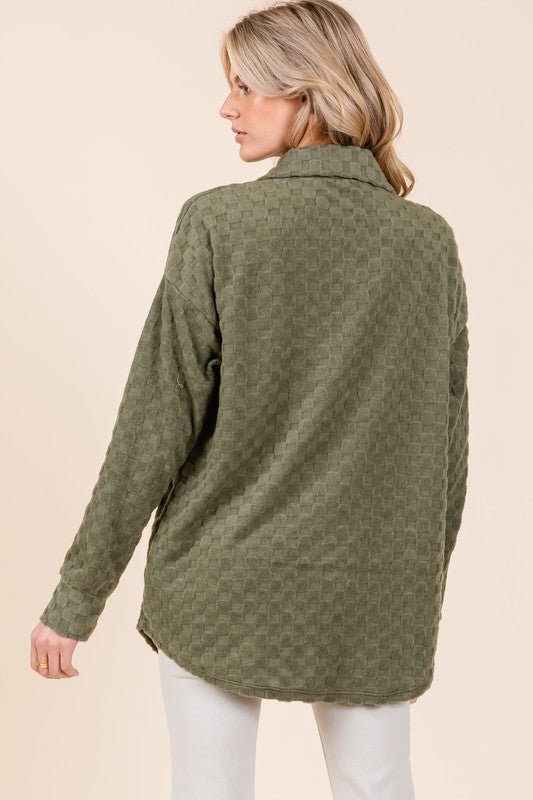 BOMBOM - Button Down Shacket in Checkered Moss