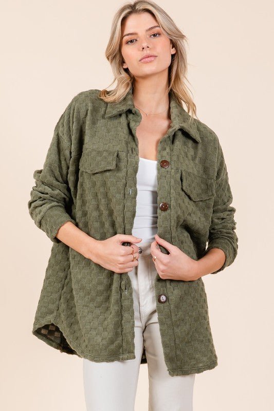 BOMBOM - Button Down Shacket in Checkered Moss