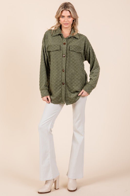 BOMBOM - Button Down Shacket in Checkered Moss