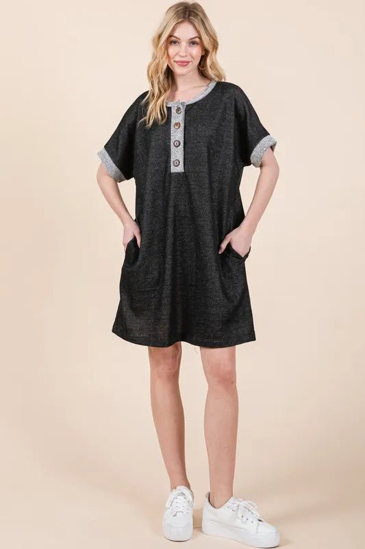 BOMBOM - Charcoal & Heather Gray Button - Front Mini Dress