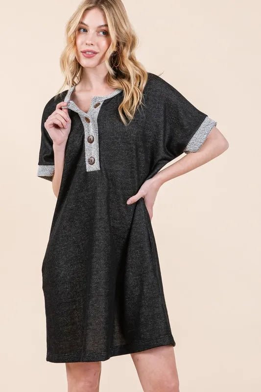 BOMBOM - Charcoal & Heather Gray Button - Front Mini Dress