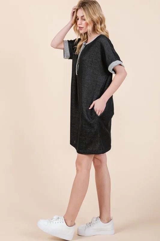 BOMBOM - Charcoal & Heather Gray Button - Front Mini Dress