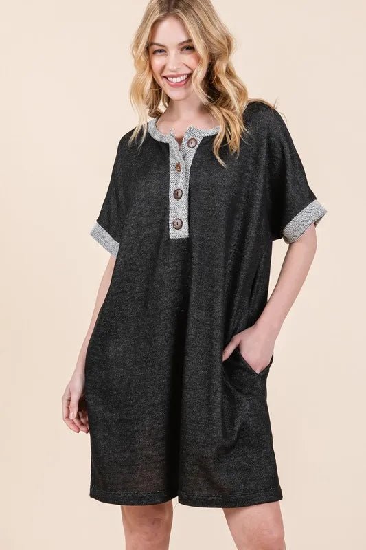 BOMBOM - Charcoal & Heather Gray Button - Front Mini Dress