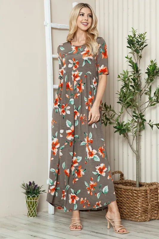 BOMBOM - Charcoal & Red Floral Maxi Dress