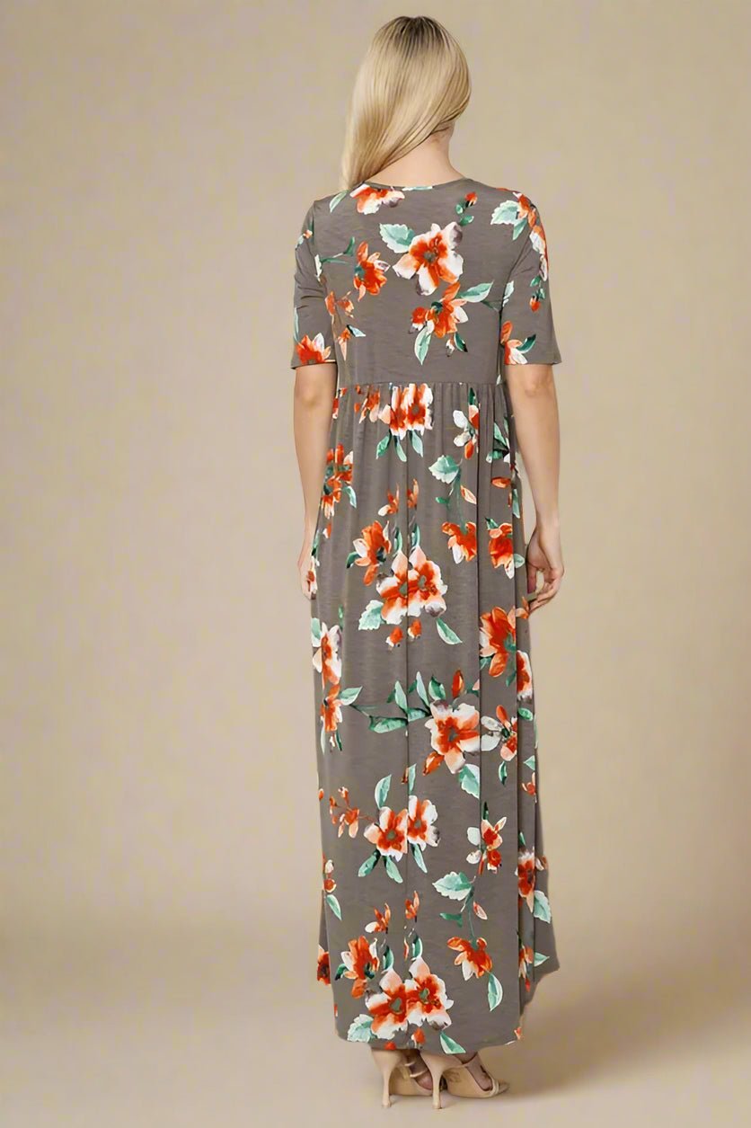 BOMBOM - Charcoal & Red Floral Maxi Dress