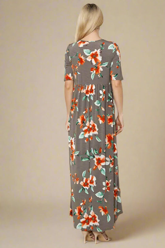 BOMBOM - Charcoal & Red Floral Maxi Dress