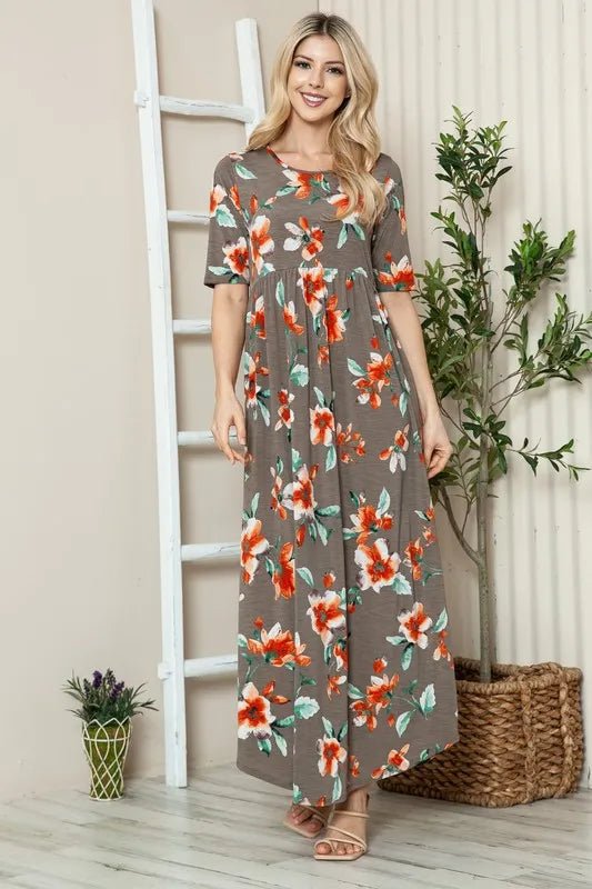 BOMBOM - Charcoal & Red Floral Maxi Dress